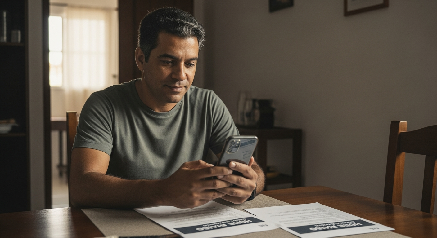 Homem brasileiro analisa amortização de financiamento pelo celular com documentos imobiliários na mesa