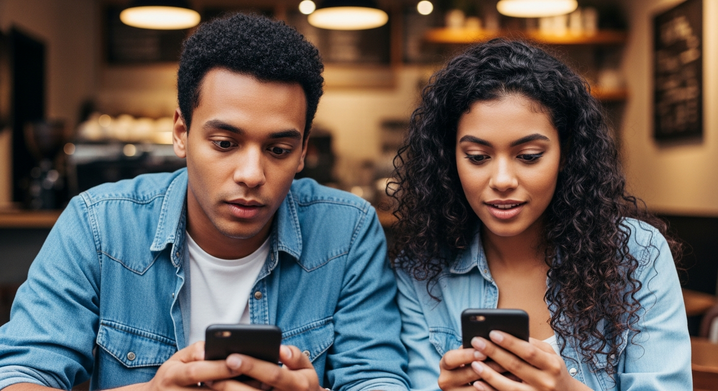Dois jovens brasileiros comparando apps de bancos digitais Nubank e Mercado Pago em café urbano