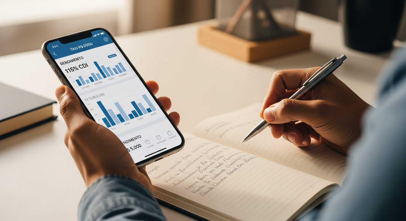 Pessoa anotando regras da Caixinha Turbo com celular mostrando app financeiro na mão