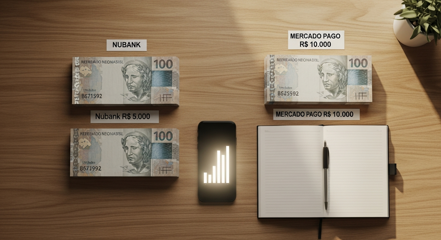 Vista de cima com duas pilhas de reais separadas representando estratégia de dividir investimento entre Nubank e Mercado Pago