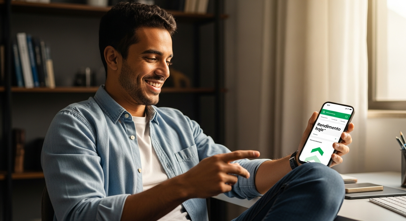 Jovem brasileiro verificando rendimento de investimento no celular com satisfação