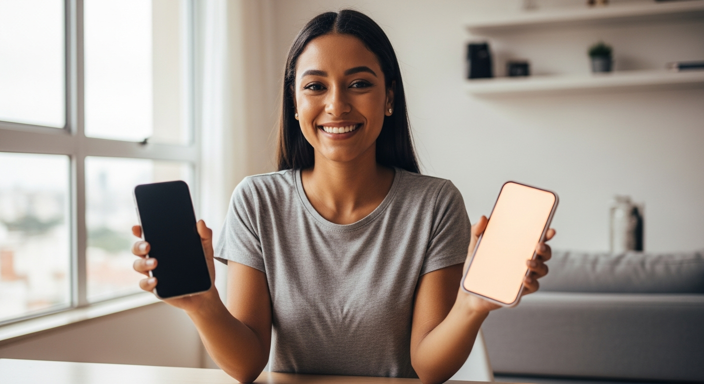 Mulher brasileira segurando dois celulares com apps financeiros para rendimento de 120% do CDI