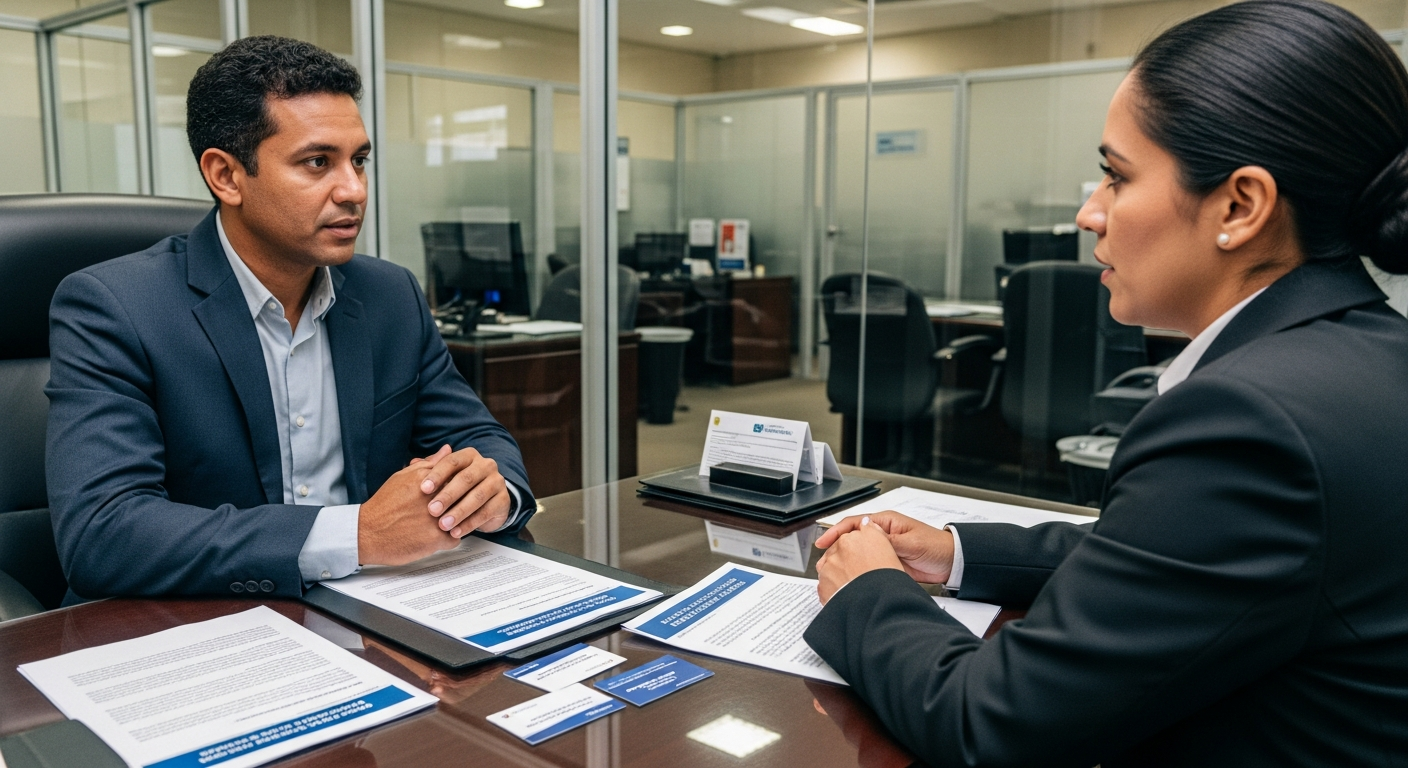 Empresário brasileiro em reunião presencial com gerente de banco tradicional para negociação de crédito