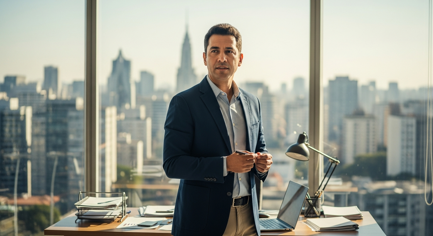 Empresário brasileiro em escritório moderno com vista para a cidade, postura estratégica de liderança empresarial
