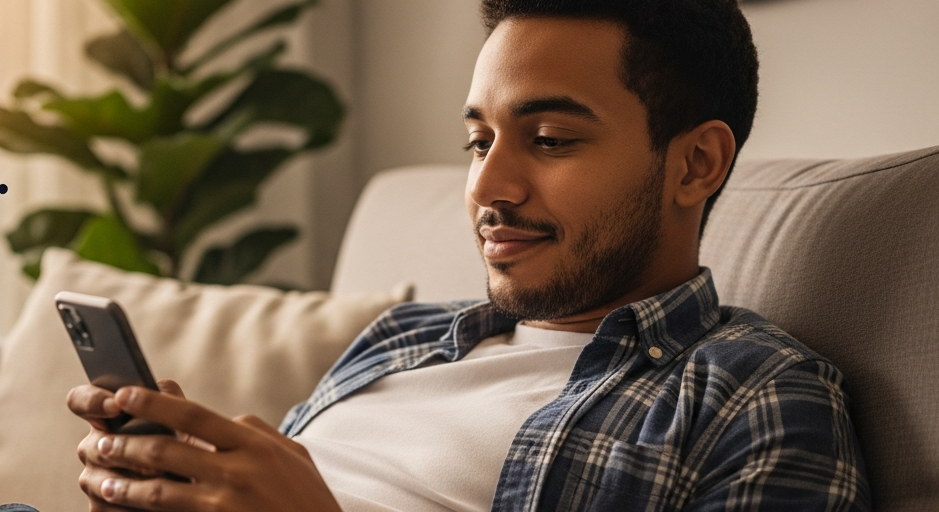 Jovem brasileiro relaxado no sofá digitando no celular para falar com atendente do banco pelo app