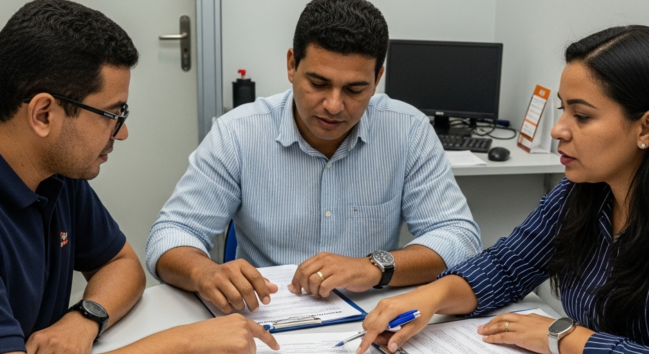 Três brasileiros reunidos planejando composição de renda para financiamento imobiliário em conjunto
