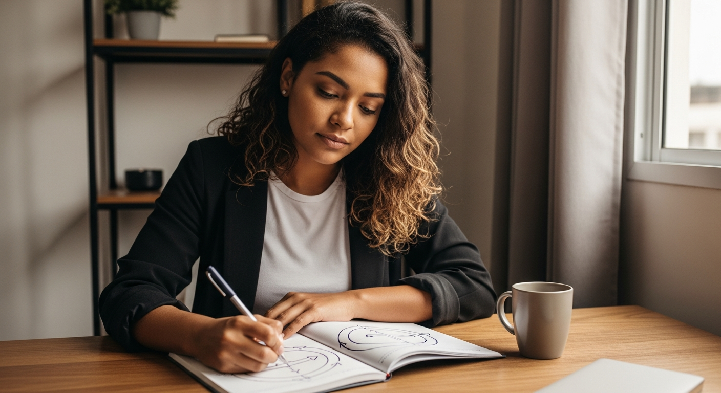 Empreendedora brasileira mapeando público-alvo em caderno para planejamento de negócio