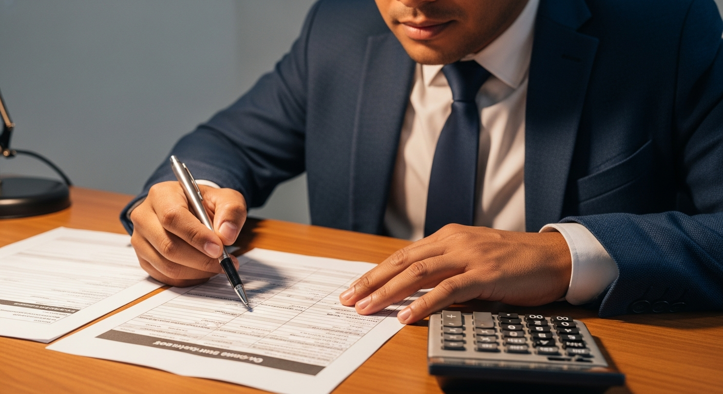 Empreendedor brasileiro analisando planilha financeira e calculadora para simulação antes de abrir negócio