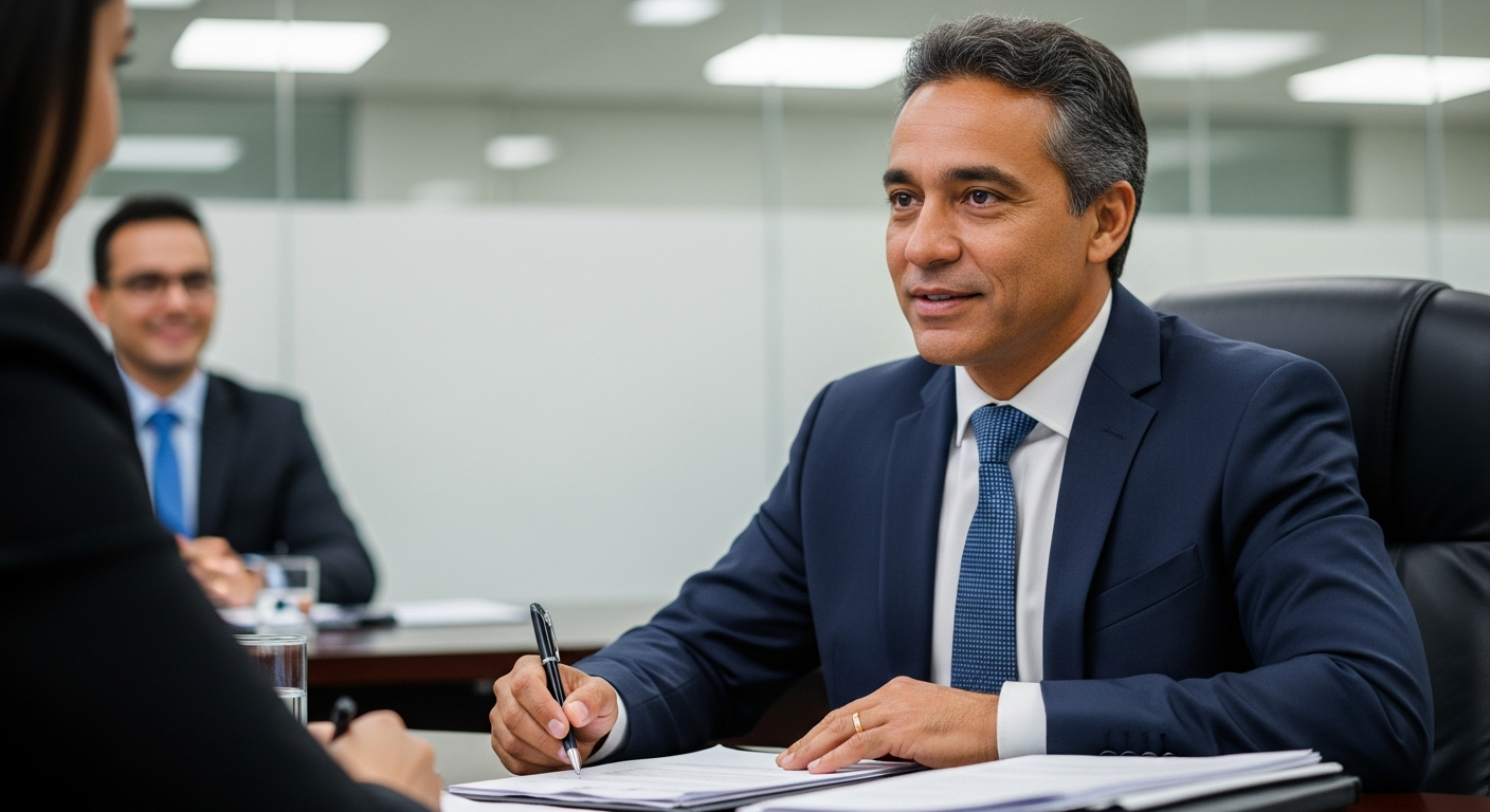 Empreendedor brasileiro em reunião bancária com documentos organizados para obter crédito empresarial