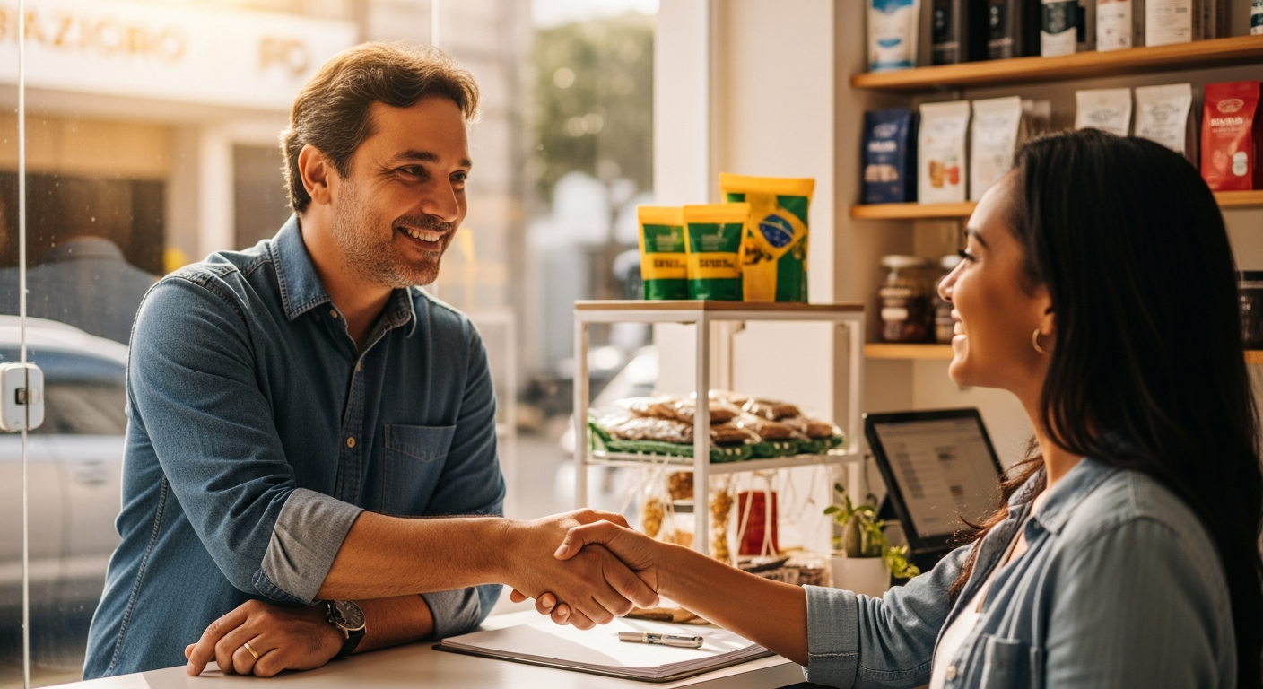 Empresário brasileiro apertando mão de cliente após fechar venda em pequeno comércio
