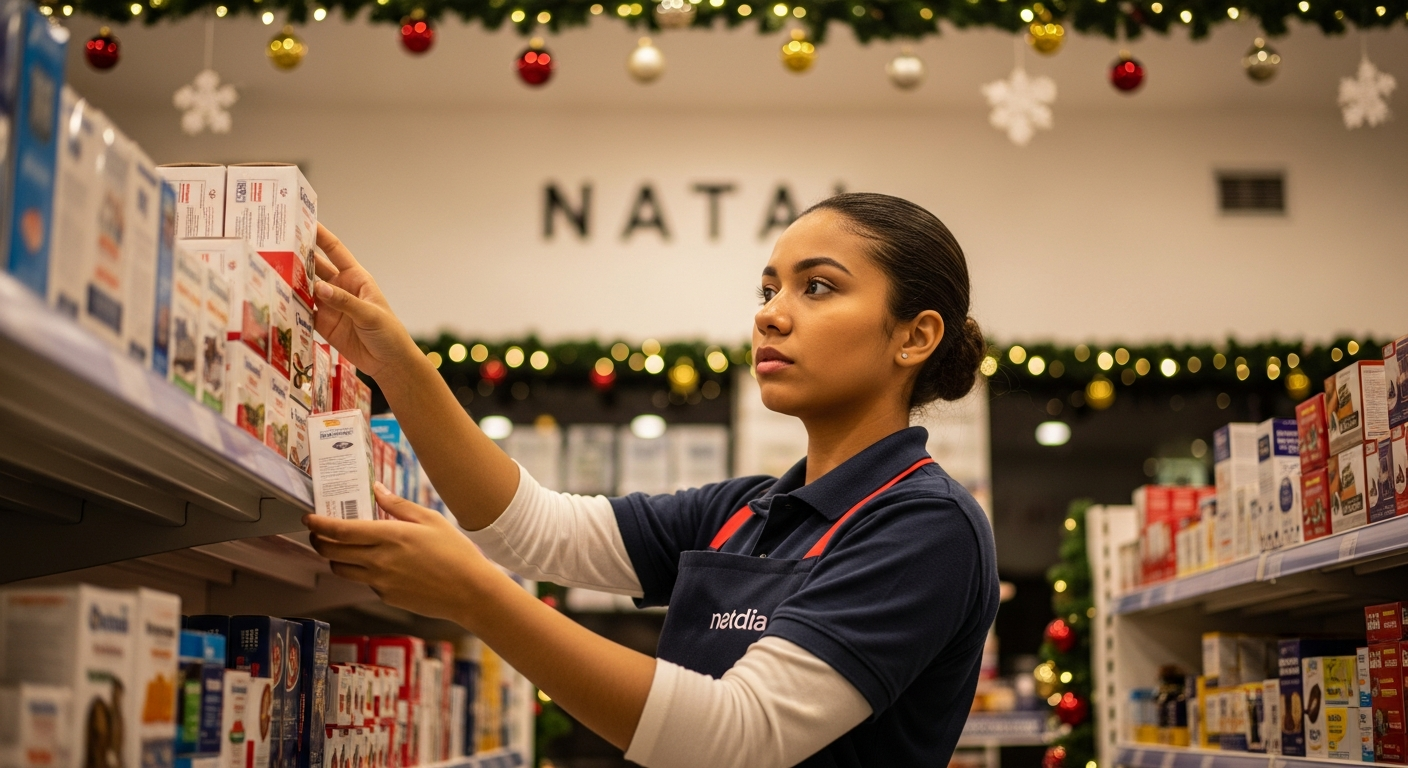 Funcionária brasileira reabastece prateleiras de loja de varejo decorada para o Natal com estoque baixo