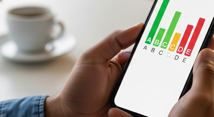 Empresário brasileiro consulta aplicativo bancário no celular para verificar rating de crédito do CPF