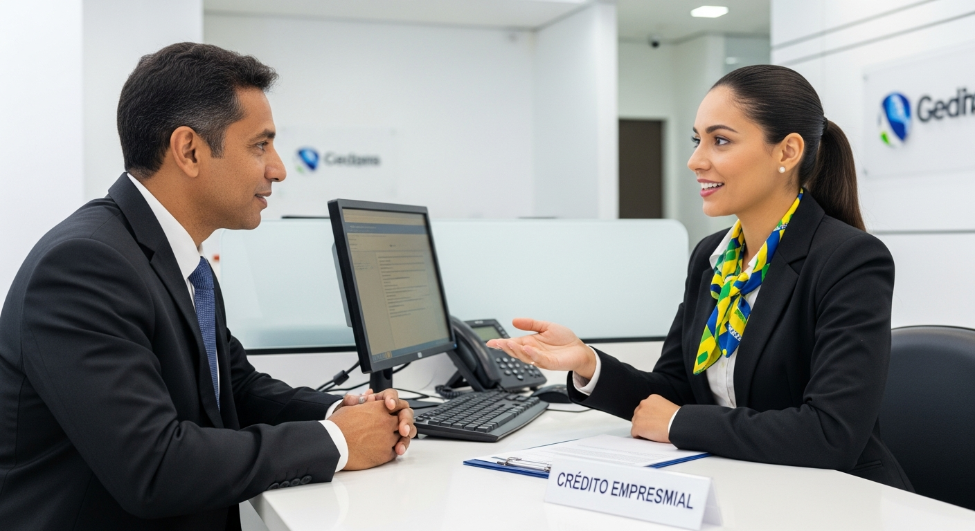 Empresário brasileiro em reunião com gerente bancária solicitando crédito para pagamento de 13º salário
