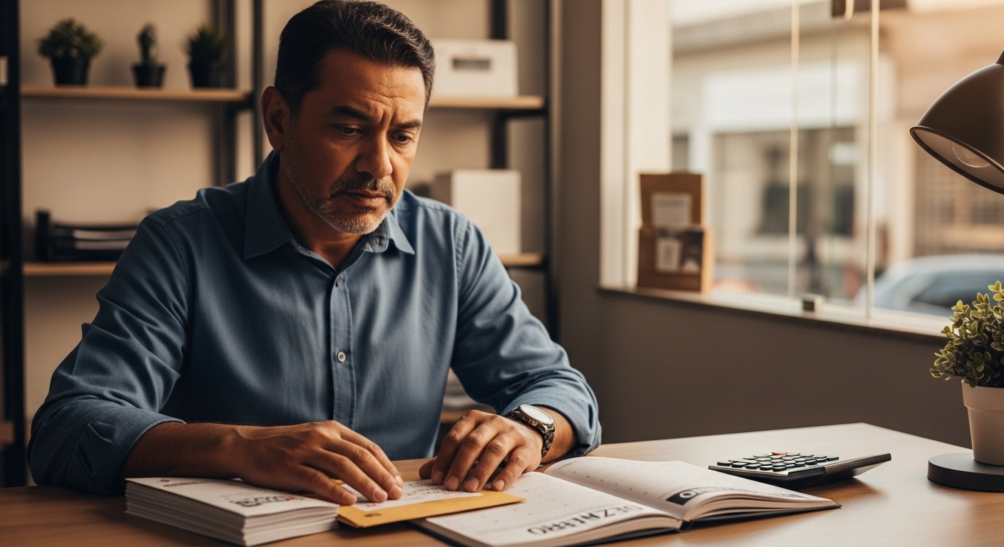 Empresário brasileiro analisa documentos de pagamento de 13º salário com calendário de dezembro sobre a mesa