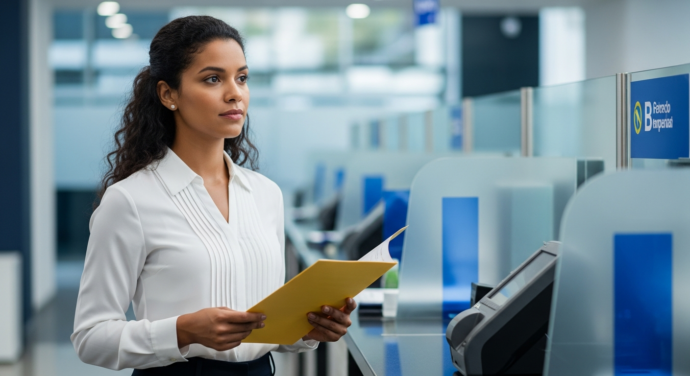Empresária brasileira com documentos em agência bancária buscando crédito empresarial