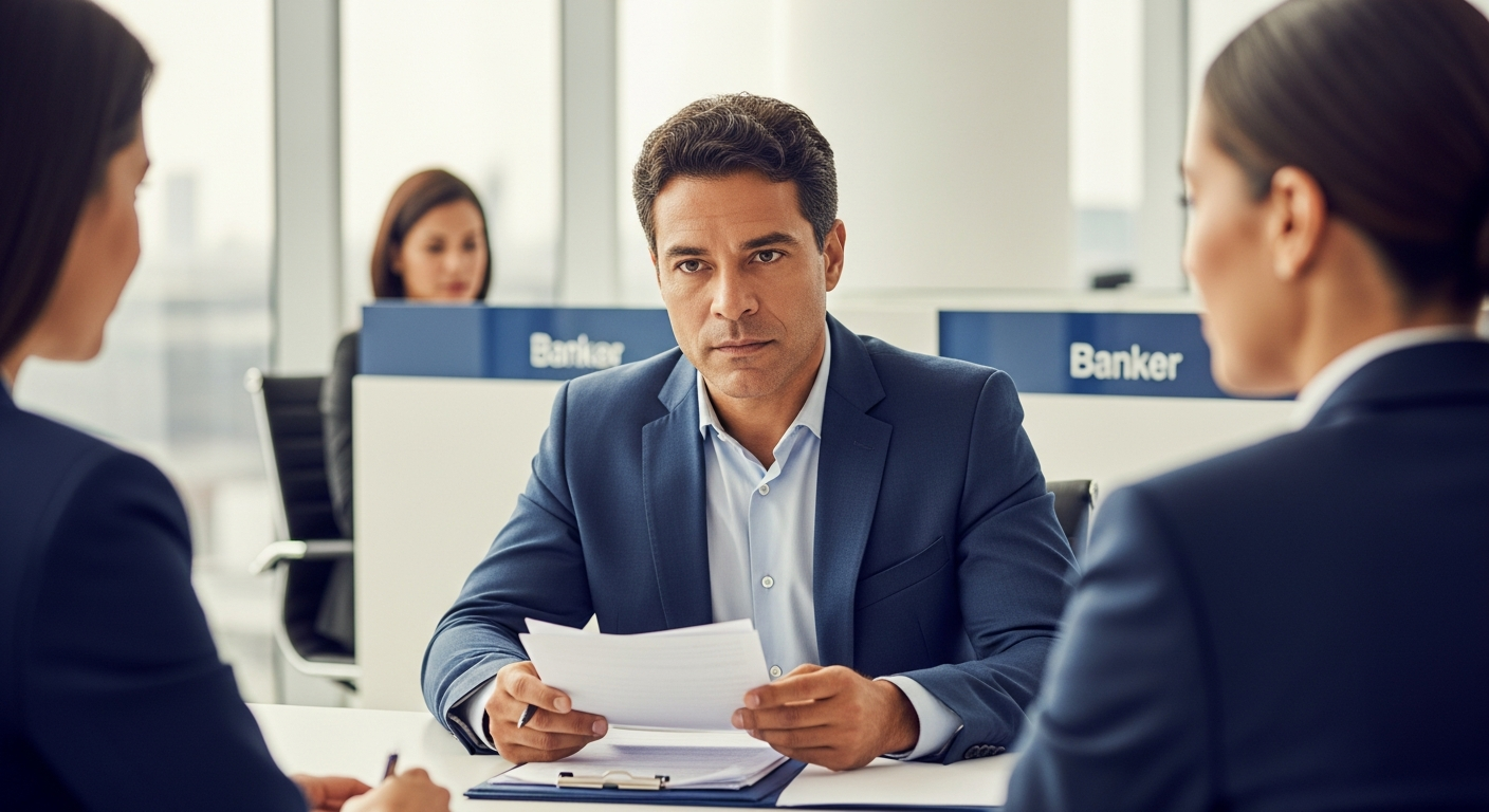 Empresário brasileiro analisa documentos de crédito empresarial em reunião com gerente de banco