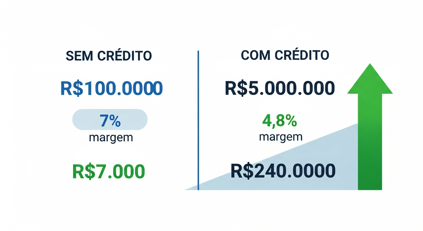 Infográfico comparando resultado financeiro sem crédito R$7.000 versus com alavancagem financeira empresarial R$240.000