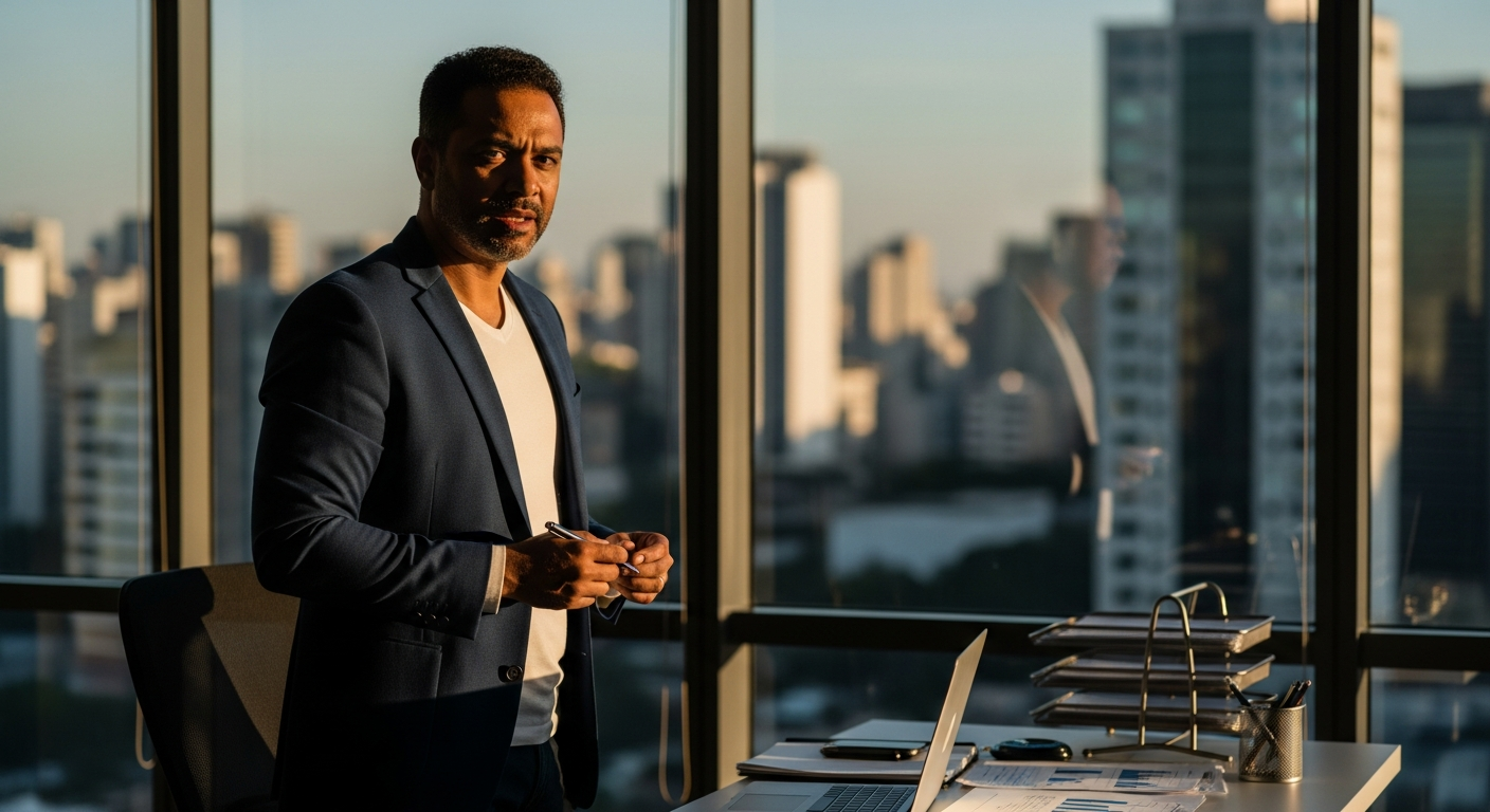 Empresário brasileiro confiante em escritório com vista para cidade, representando uso estratégico de crédito para empresários