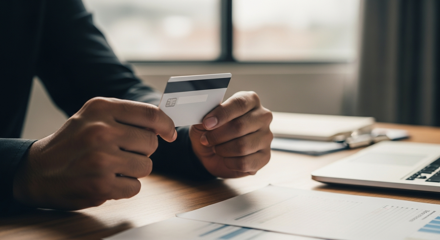 Mãos segurando cartão empresarial bloqueado sobre mesa com documentos financeiros
