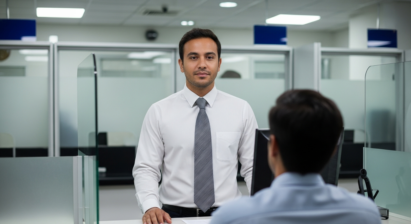 Gerente bancário brasileiro em agência explicando decisão de crédito a empresário