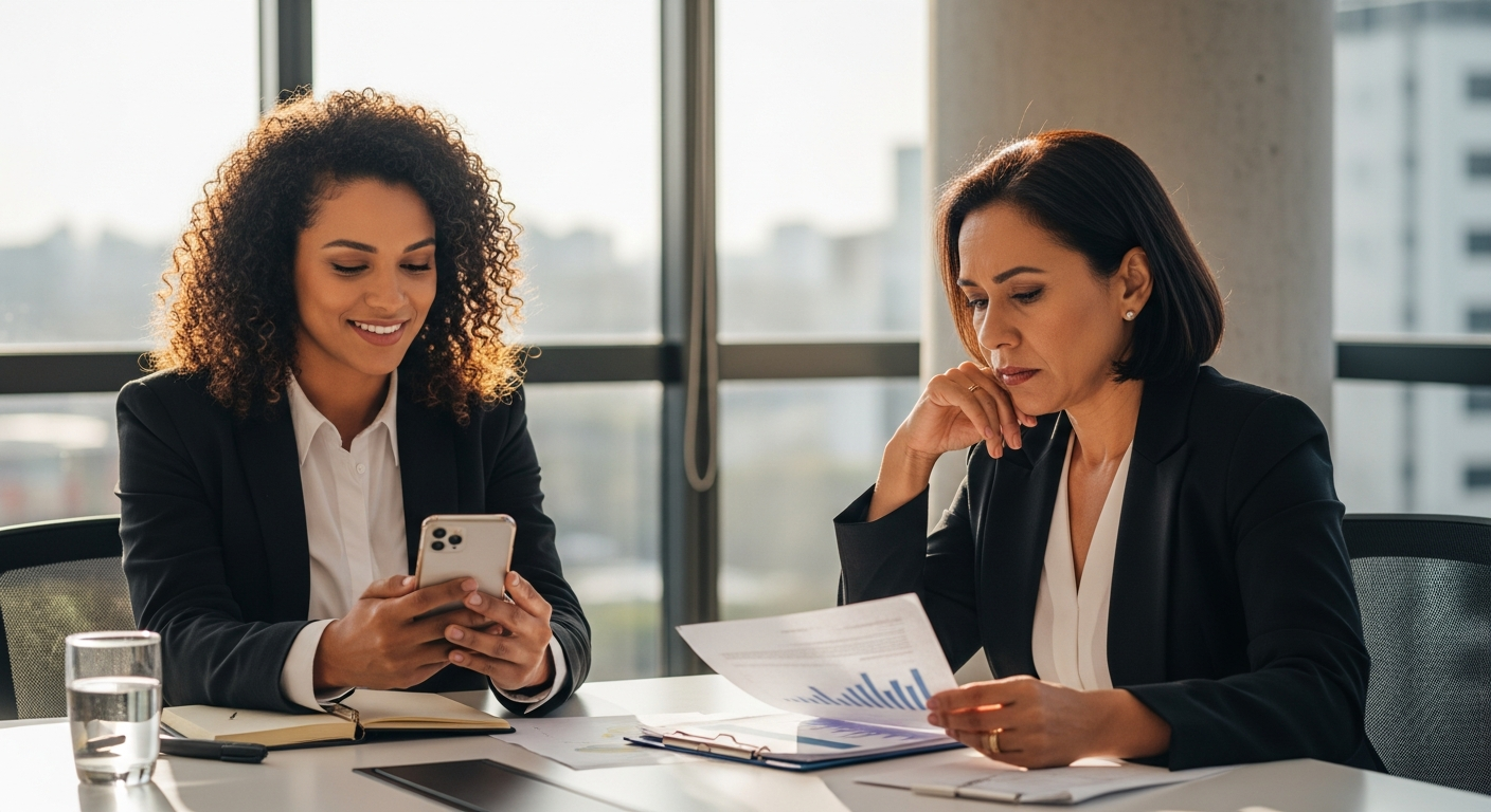 Duas empresárias brasileiras em reunião: uma confiante com celular, outra preocupada com documentos