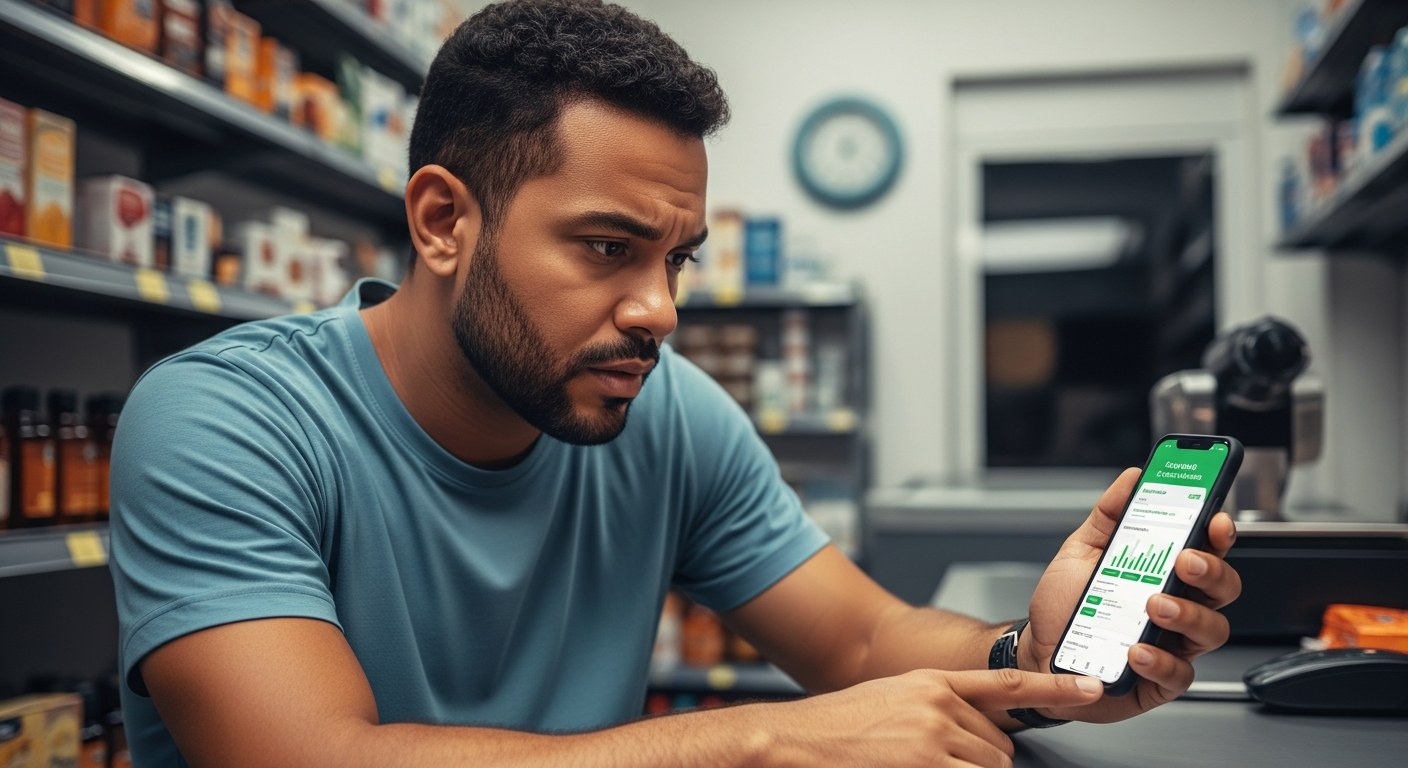 Pequeno empresário brasileiro preocupado olhando celular com app financeiro em seu comércio, representando impactos do DREX para MEIs