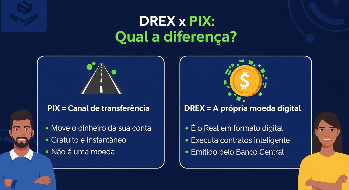 Infográfico comparativo entre DREX e PIX explicando que o PIX é canal de transferência e o DREX é a moeda digital em si