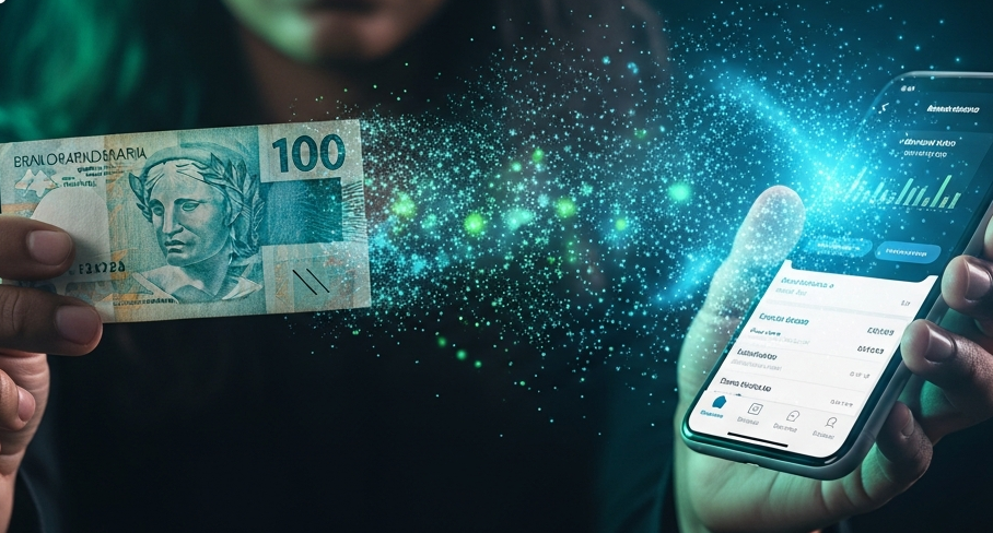 Mão segurando cédula de real se transformando em dados digitais, representando o DREX moeda digital do Banco Central