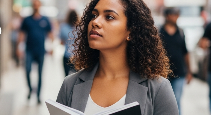 Empreendedora brasileira observa concorrente em rua comercial com caderno de anotações para análise de mercado