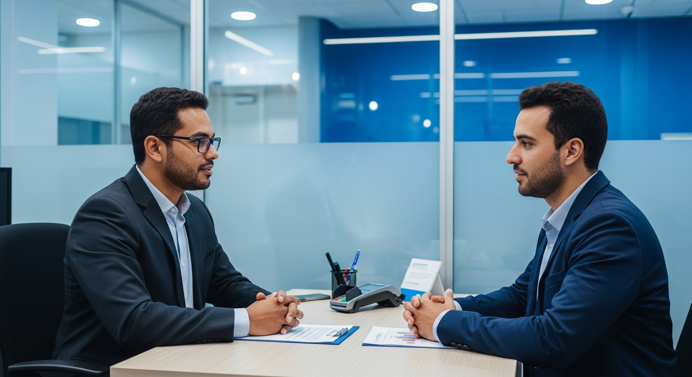 Gerente de banco brasileiro conversando com empresário sobre maquininha de cartão como garantia de crédito
