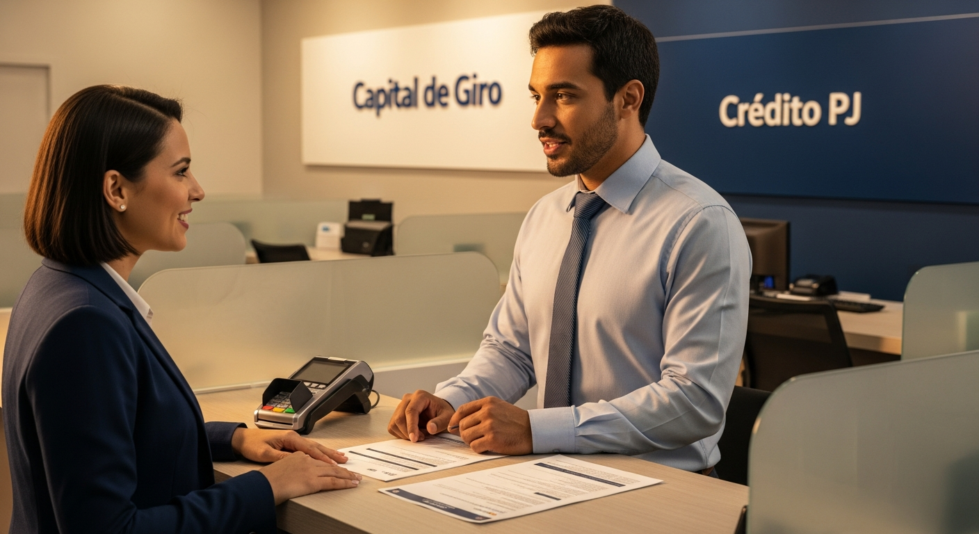 Empresário brasileiro consultando gerente de banco sobre qual maquininha aceita como garantia para capital de giro