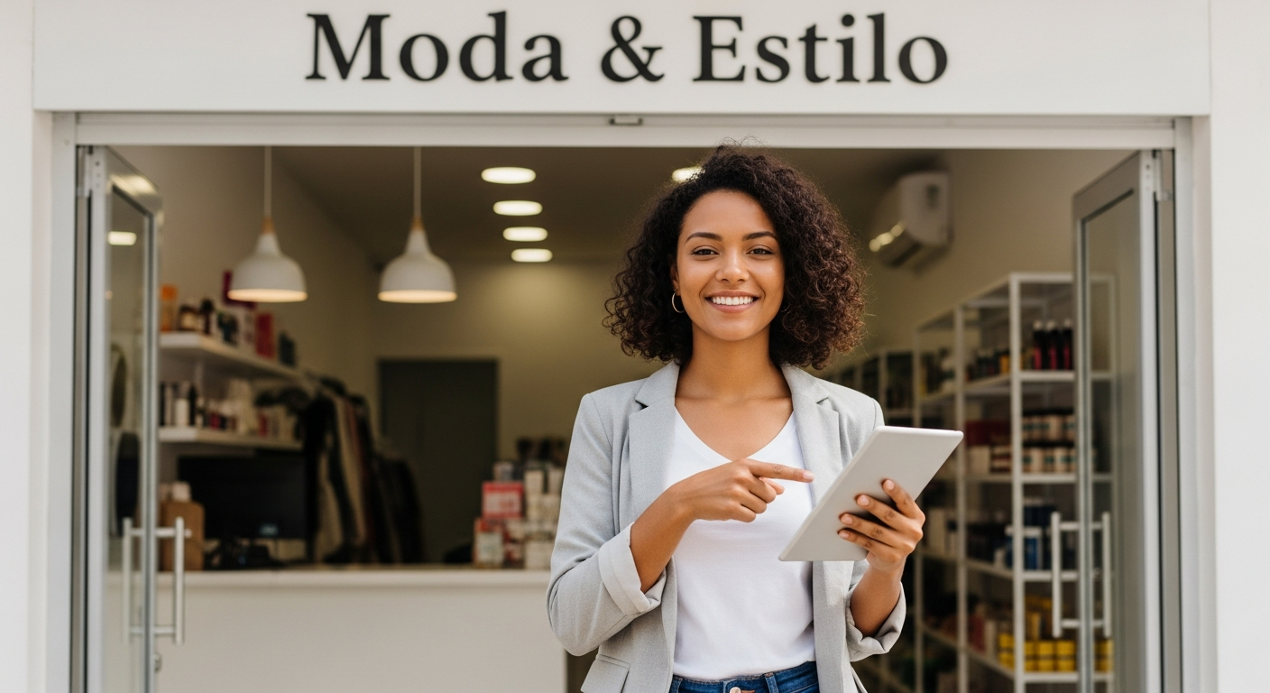 Empresária brasileira confiante em frente ao seu negócio segurando tablet representando crescimento com crédito bancário
