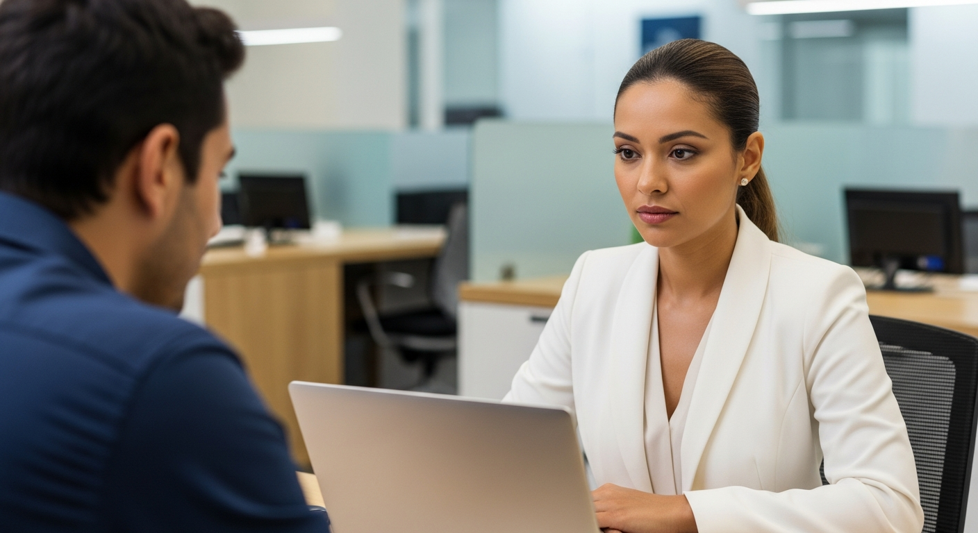 Gerente bancária brasileira analisa rate de crédito de cliente em agência moderna