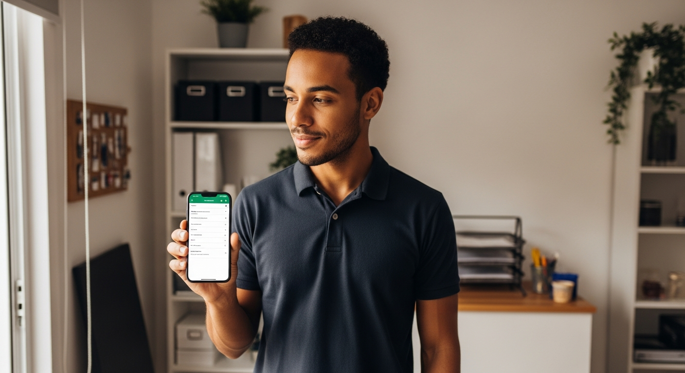 Jovem empreendedor brasileiro consulta aplicativo bancário para melhorar relacionamento e rate de crédito
