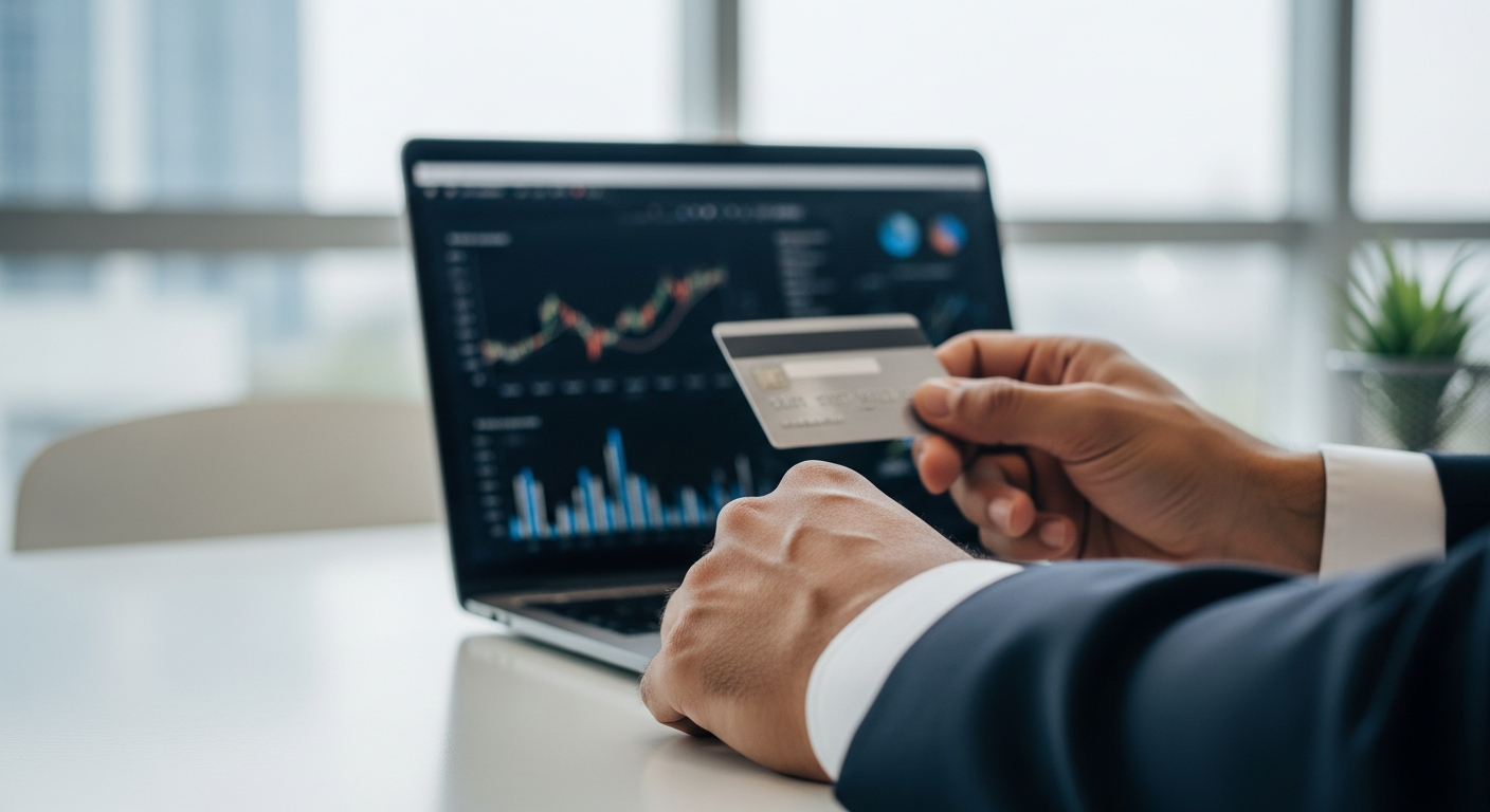 Empreendedor brasileiro segurando cartão empresarial com gráficos financeiros ao fundo