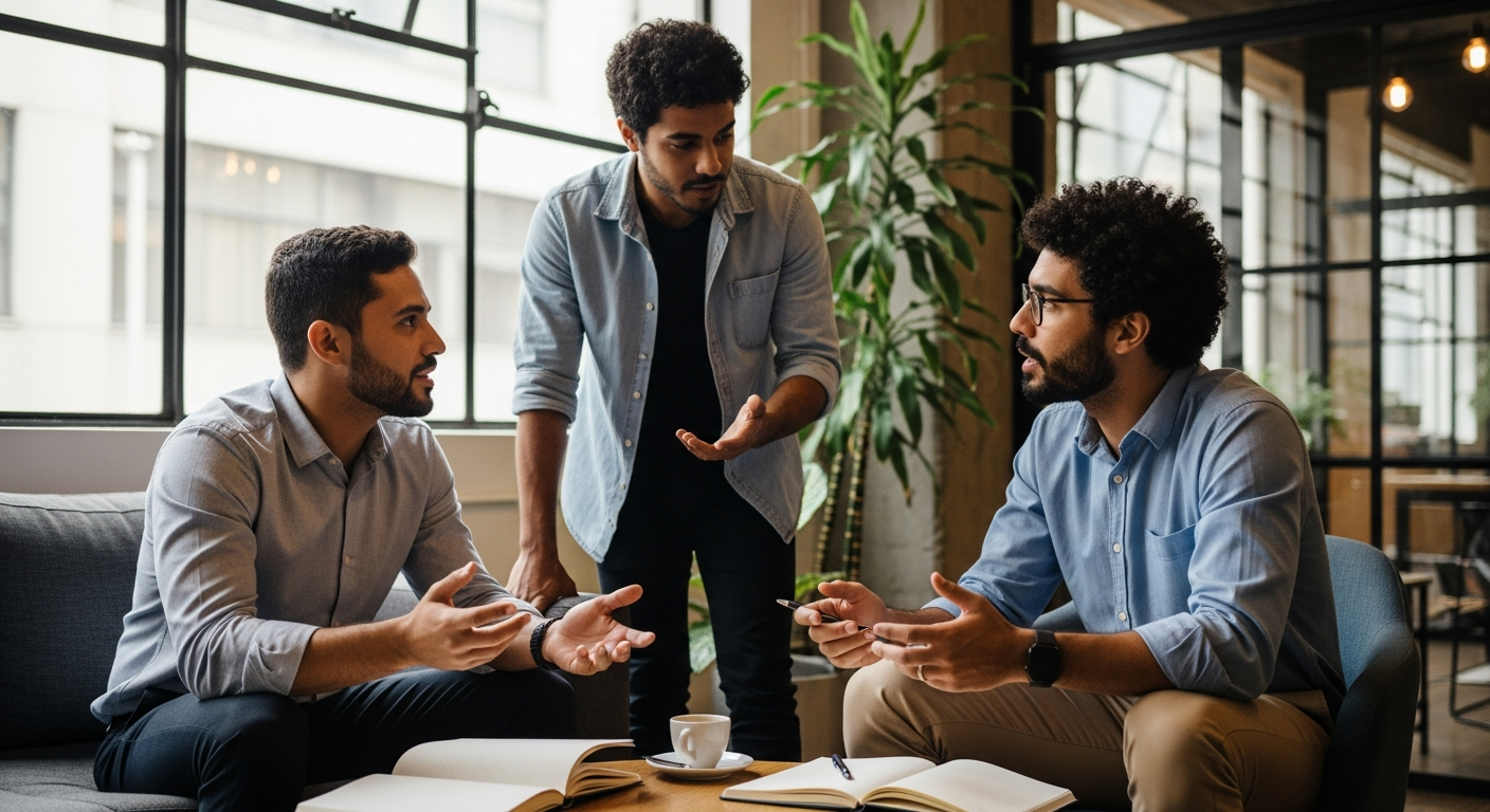 Três empreendedores brasileiros em conversa estratégica em coworking moderno em São Paulo
