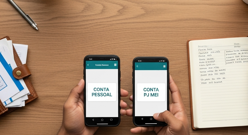 Dois celulares lado a lado representando separação de conta pessoal e conta PJ para MEI após nova regra do Pix