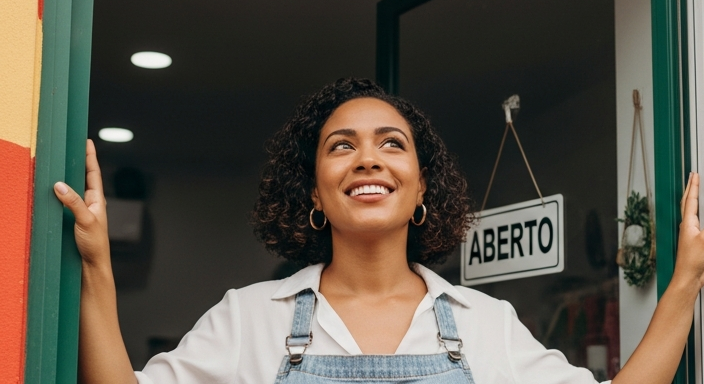 Empreendedora brasileira na entrada do seu negócio reaberto, representando recuperação financeira após participar do Programa Acredita