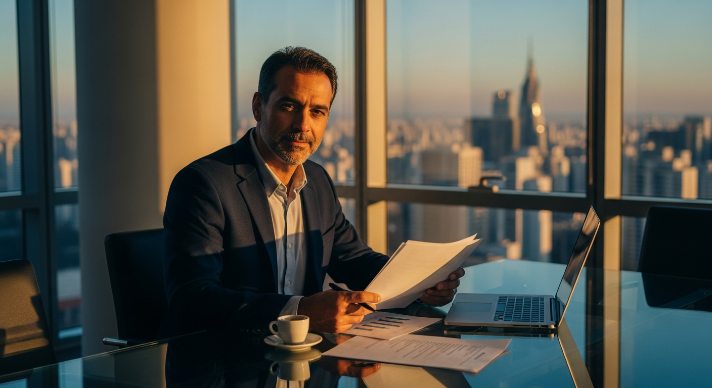 Empresário brasileiro analisa documentos de crédito empresarial em sala de reunião com vista para cidade
