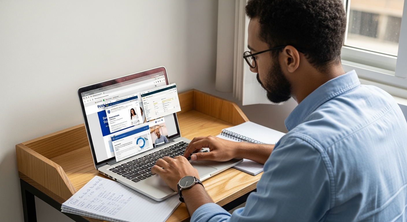 Empreendedor brasileiro pesquisando e comparando taxas bancárias no notebook para negociar crédito