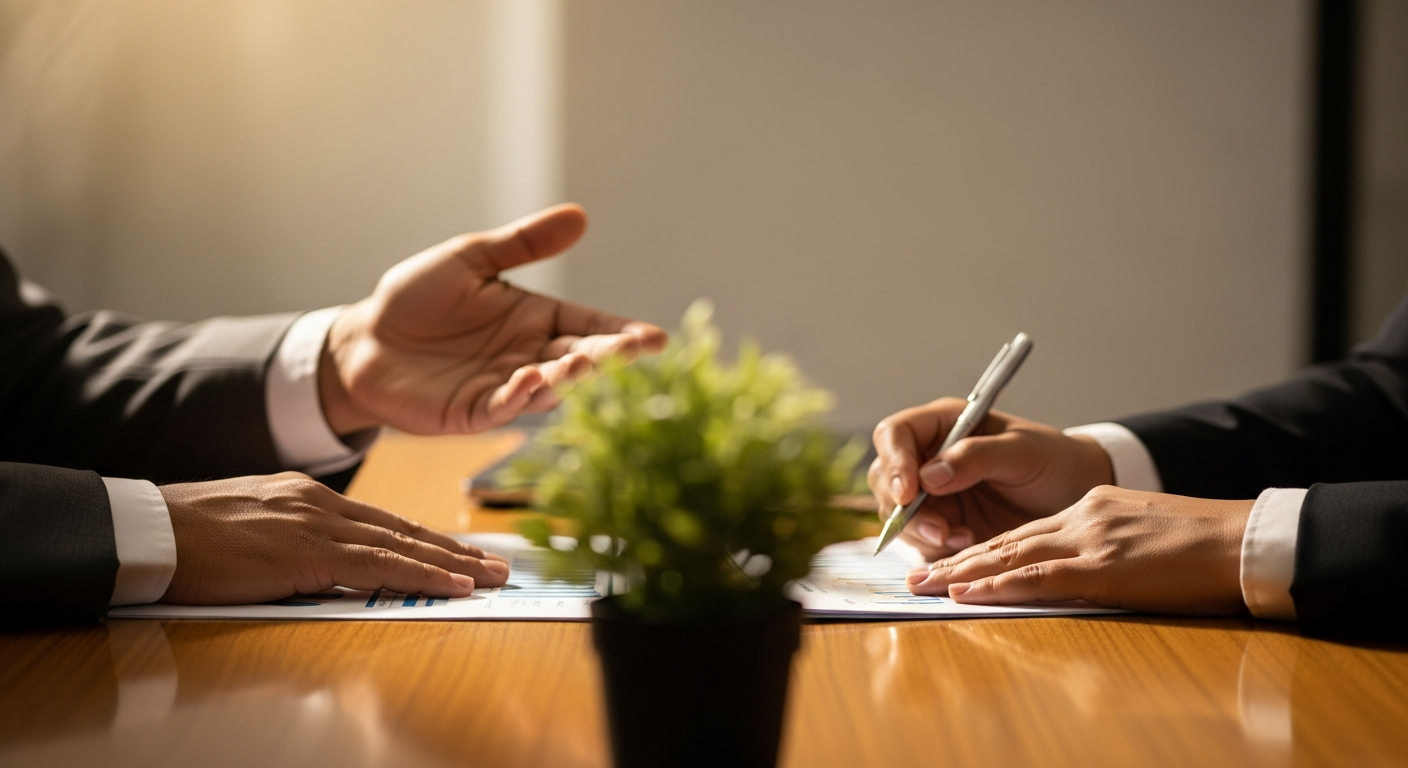 Mãos de empreendedor e gerente de banco sobre mesa com planta, simbolizando parceria financeira duradoura