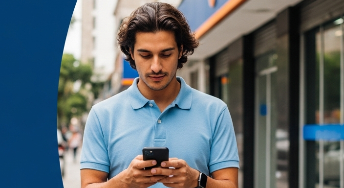 Jovem brasileiro em frente a agência bancária consulta celular para verificar data do calendário FGTS 2025
