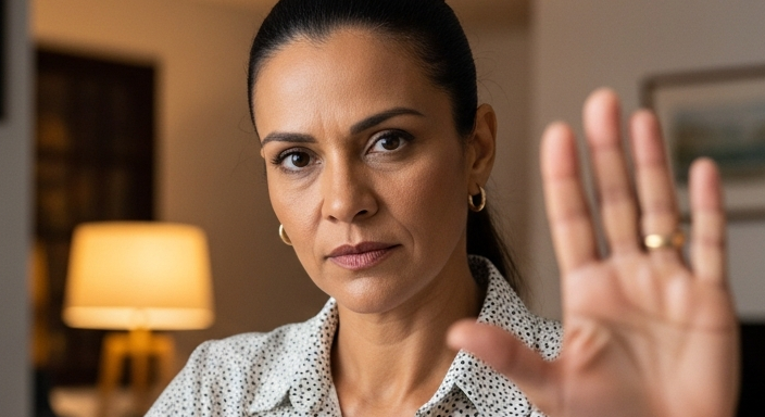 Mulher brasileira faz gesto de alerta em frente ao computador representando proteção contra golpes no saque do FGTS