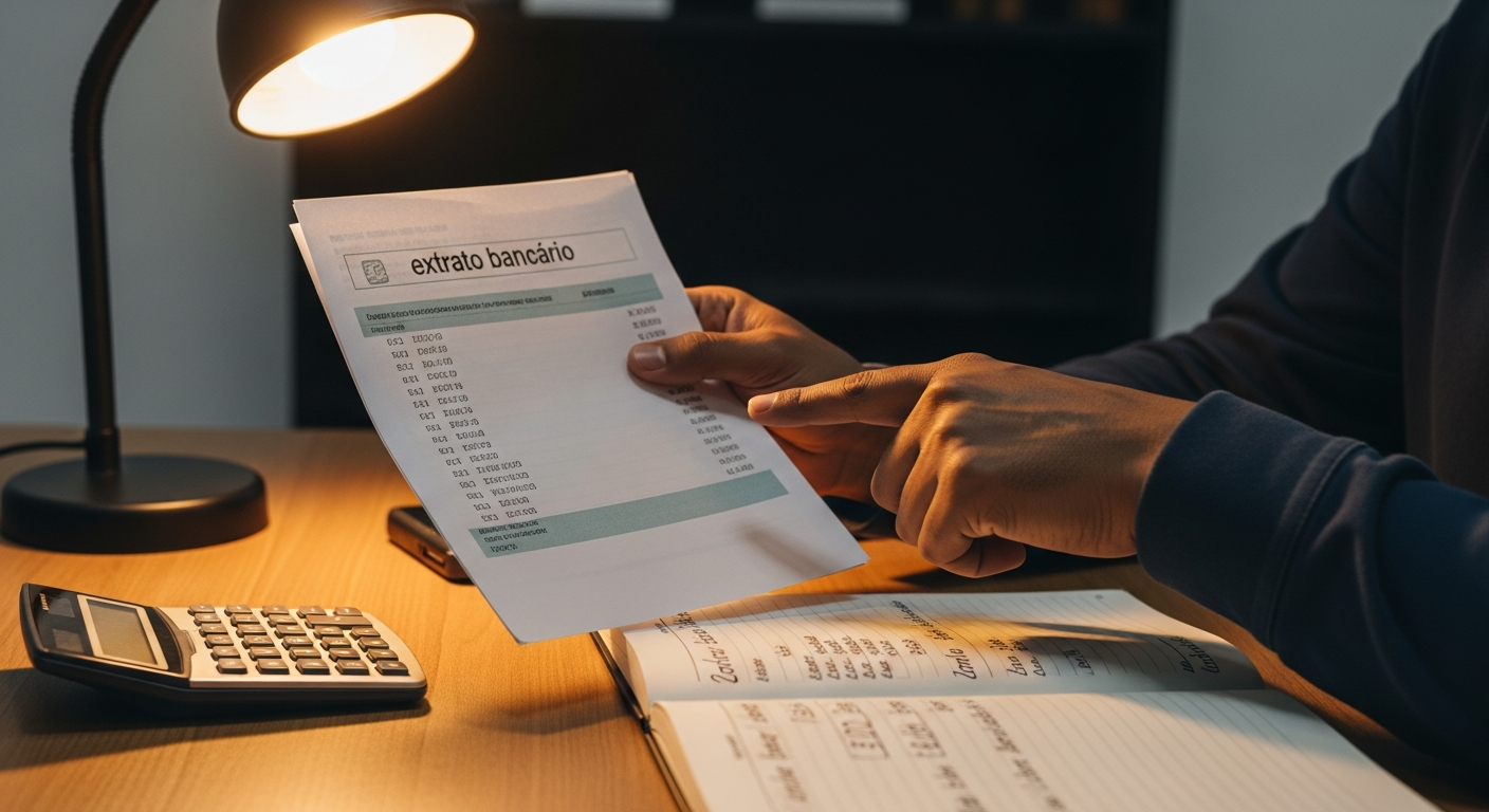 Mãos de empresário apontam para extrato bancário PJ com calculadora e caderno de anotações sobre mesa