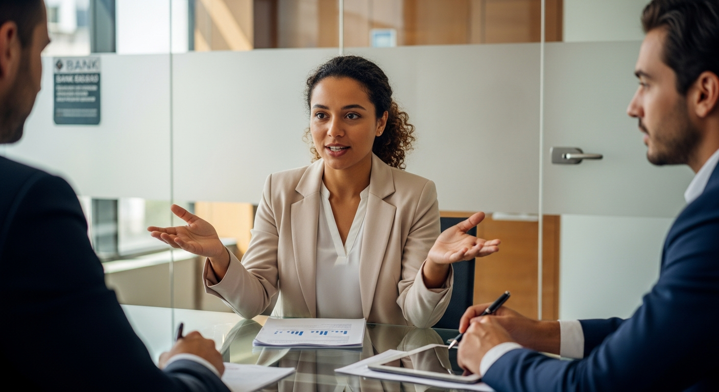 Empresária brasileira negocia linha de crédito empresarial com gerente bancário em sala de reuniões