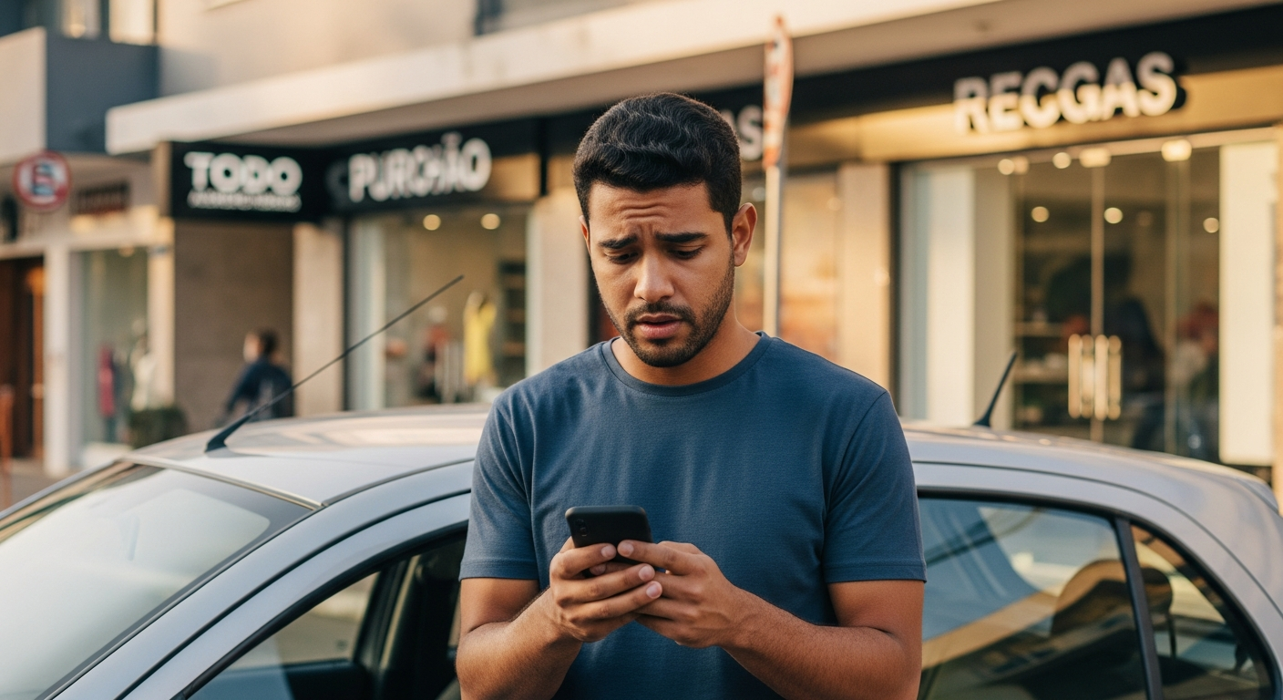 Motorista de aplicativo brasileiro olhando preocupado para celular ao lado do carro, ilustrando risco de CNH suspensa por dívida