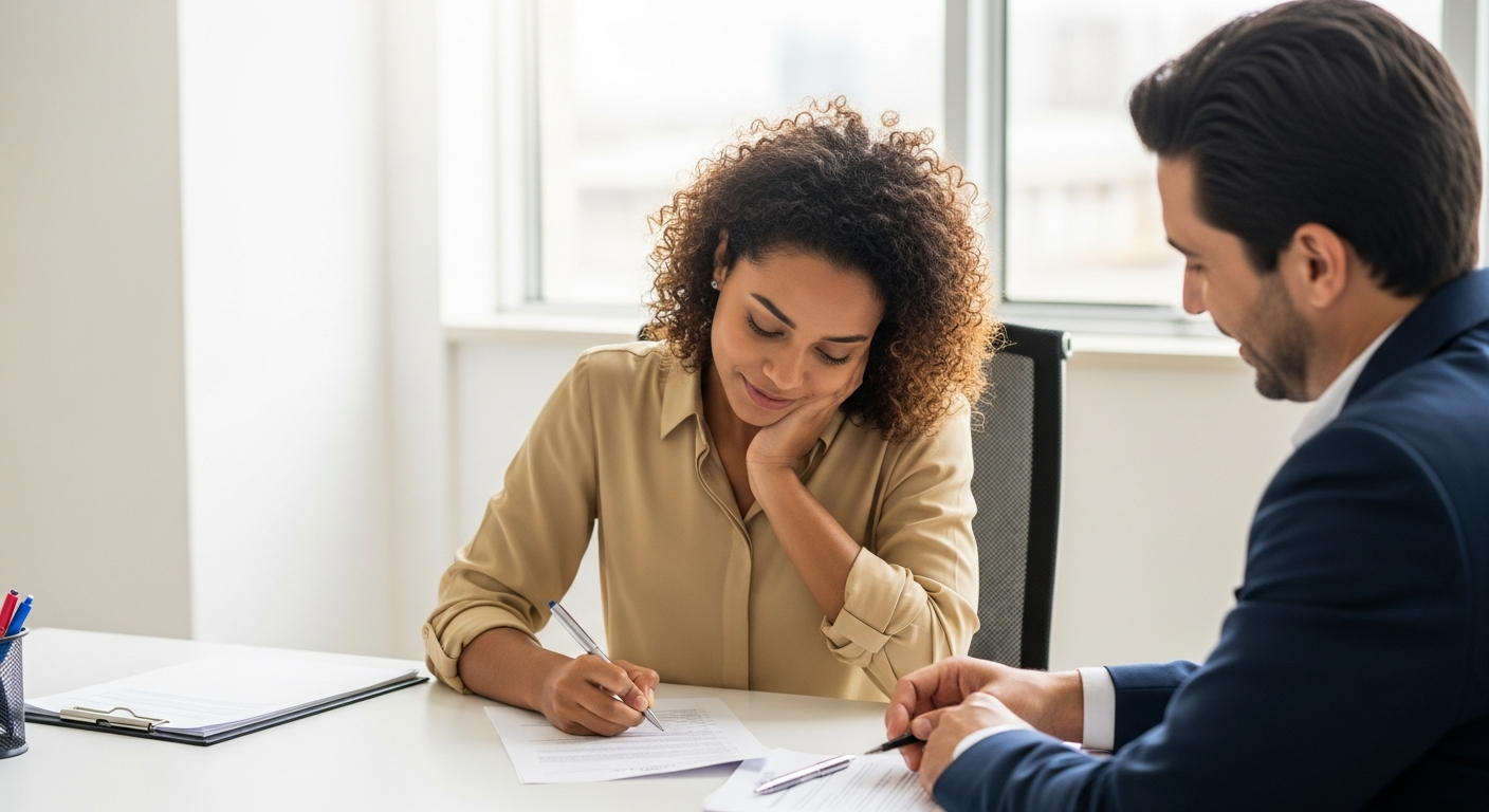 Mulher brasileira assinando acordo de renegociação de dívida em escritório, representando solução antes da perda da CNH