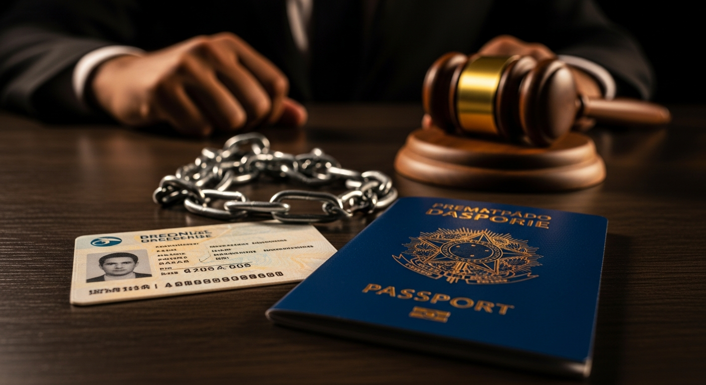 CNH e passaporte brasileiros com corrente metálica sobre mesa escura representando apreensão de documentos por dívidas