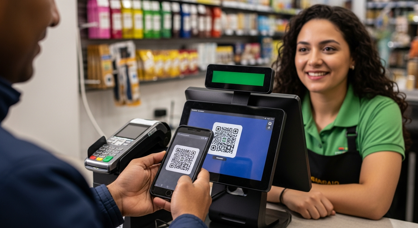 Cliente escaneando QR Code da maquininha para pagar via PIX em comércio brasileiro