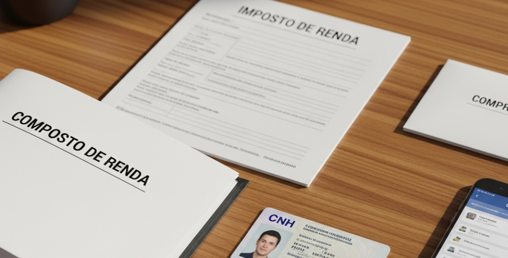 Documentos organizados em mesa — CNH, comprovante de renda e celular para envio ao banco para análise de crédito